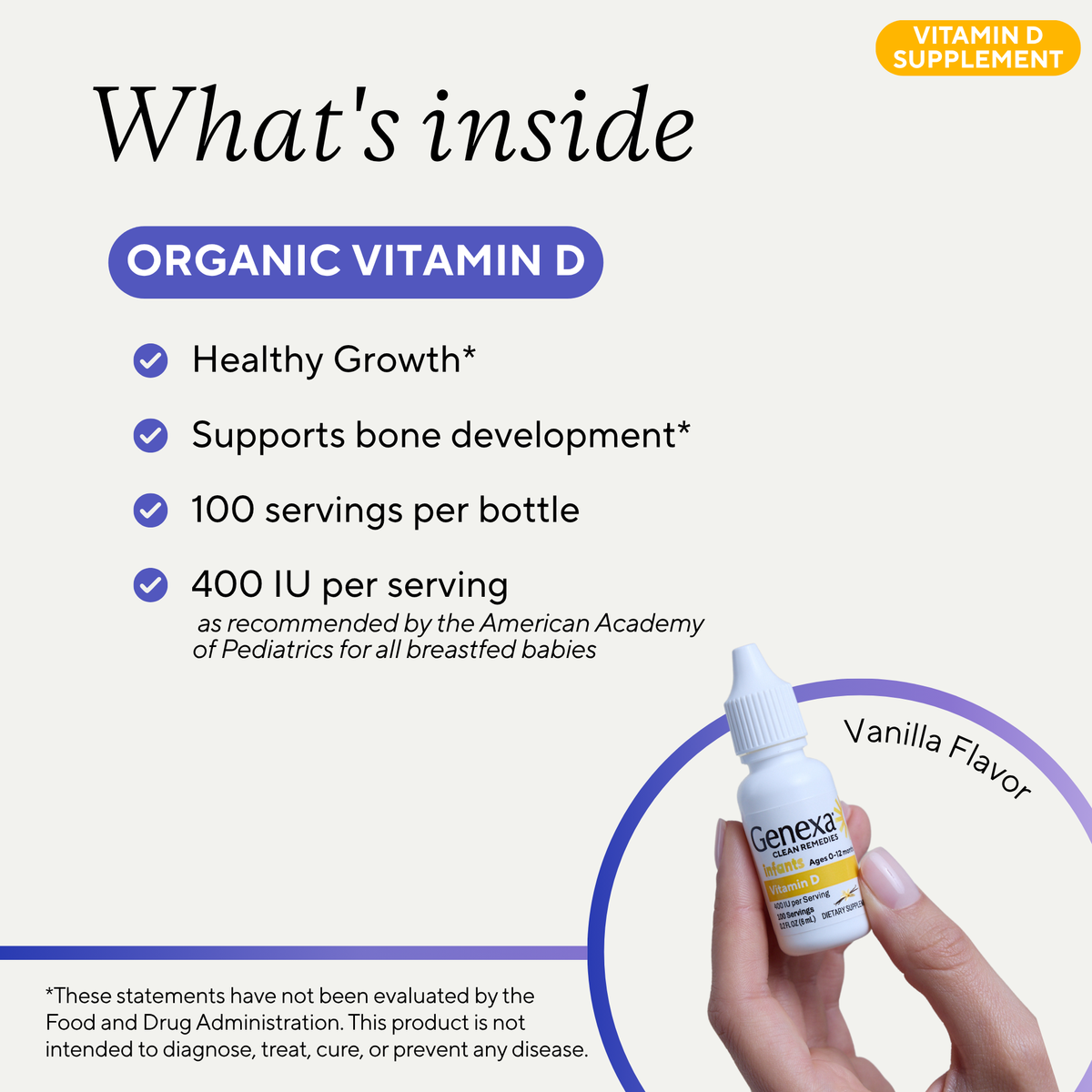 An informational product graphic for Genexa Organic Vitamin D in vanilla flavor. The graphic features text detailing product benefits, a hand holding a small bottle of the supplement, and a circular label indicating vanilla flavor, all set against a light off-white background.