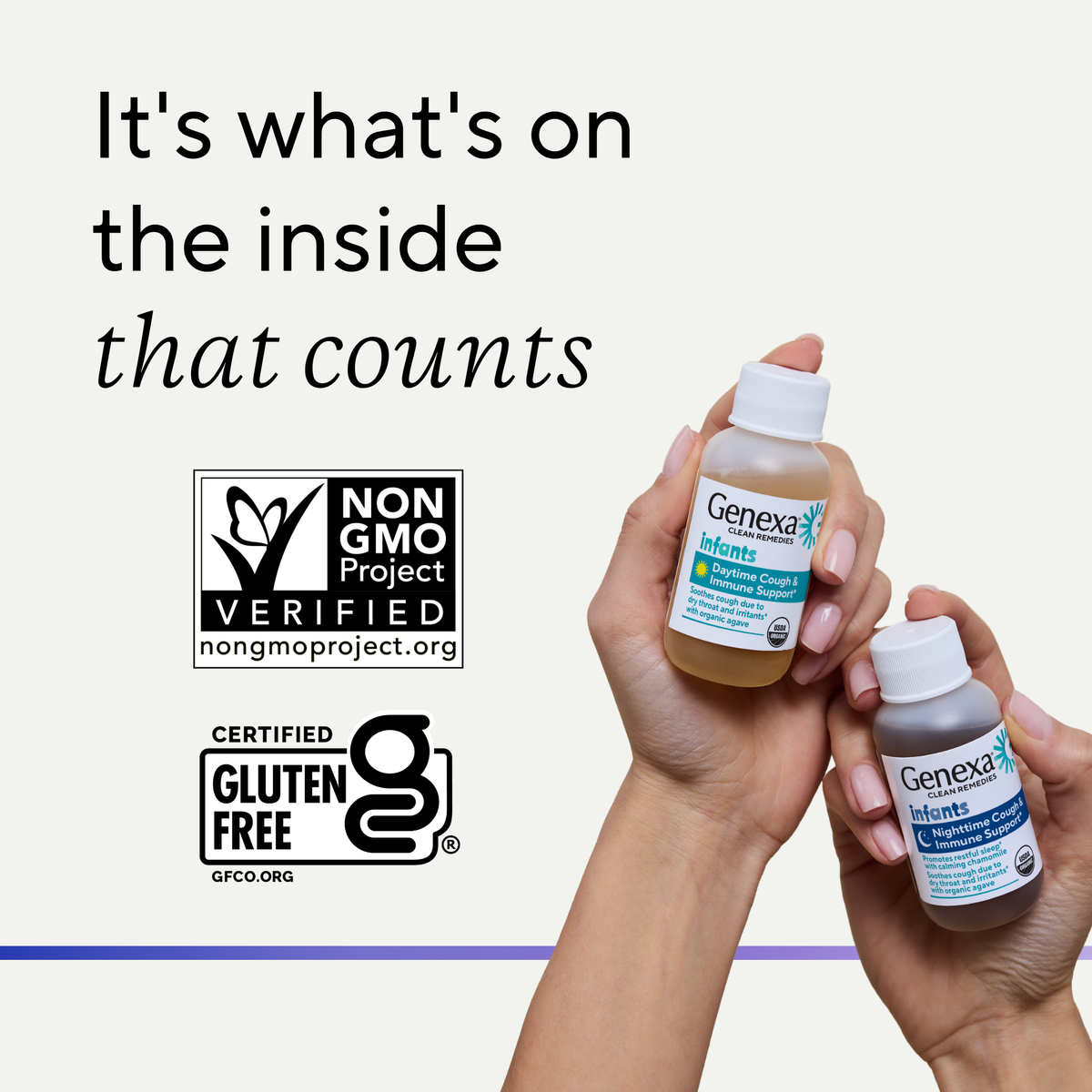 Two hands holding bottles of Genexa Infant Cough against a light beige background with promotional text and certification logos. Both products are Non GMO Project Verified, and Certified Gluten Free.