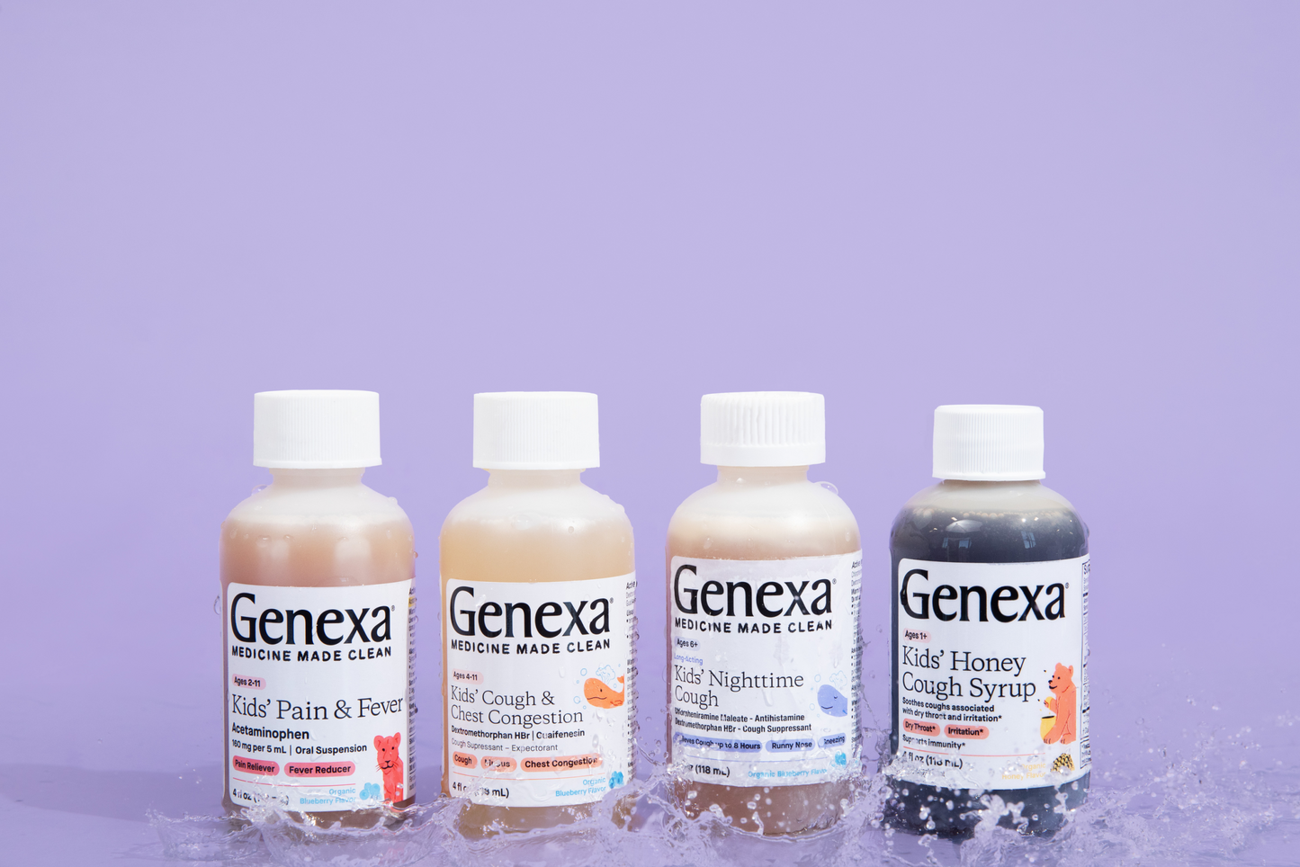 Four bottles of Genexa syrup on a purple background