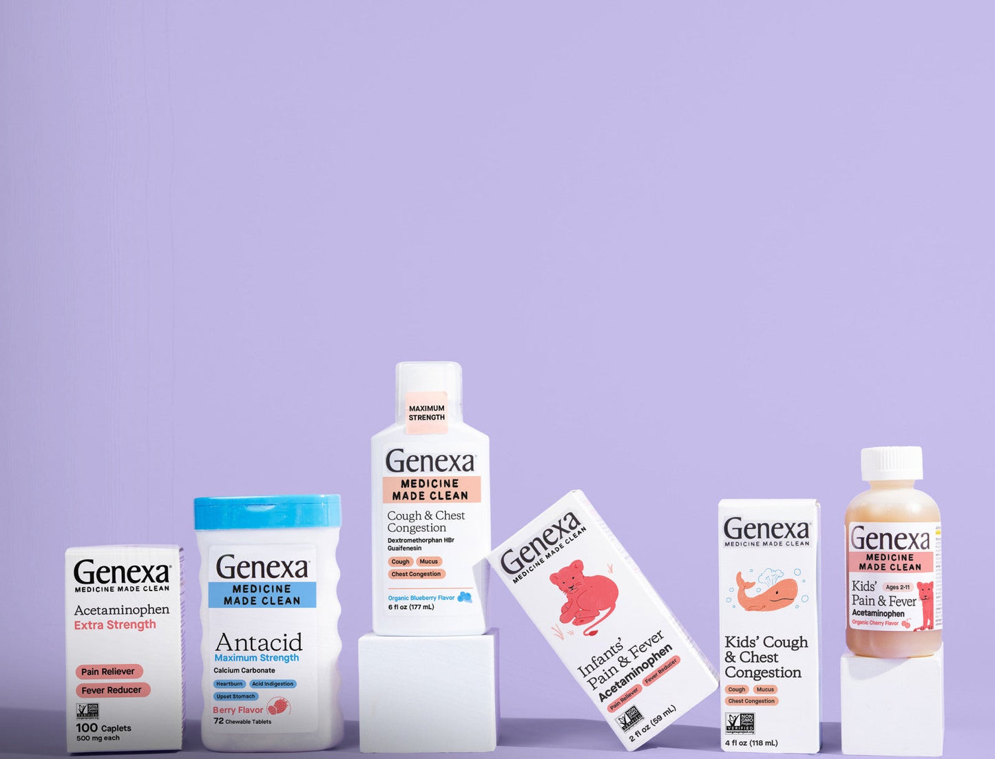 Collection of Genexa healthcare products on a purple background