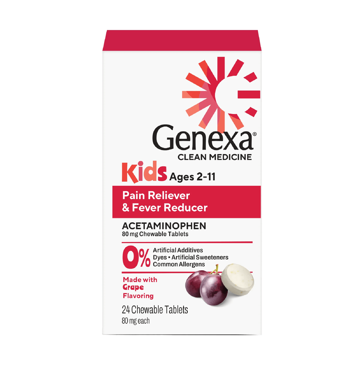 Genexa Kids pain reliever and fever reducer packaging on a white background