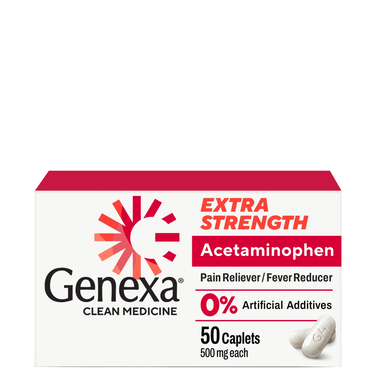Box of Genexa Extra Strength Acetaminophen on a white background