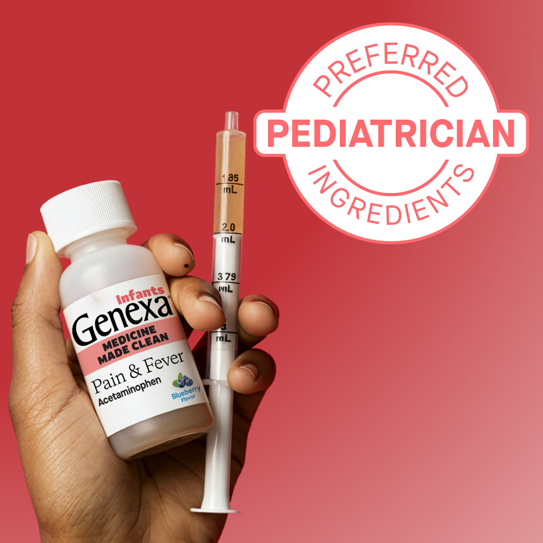 Hand holding Genexa infant medicine bottle and syringe with 'Preferred Pediatrician Ingredients' label on red background